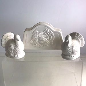 Set of 3 Thanksgiving Turkey White Ceramic Napkin Holder & Salt & Pepper Shakers
